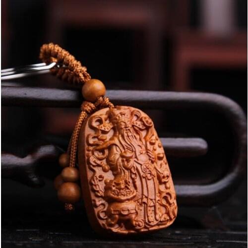Chinese Peach Wood Carved Safe And Good Luck Blessing Word Mammon The God Of Wealth Carrying Money Exquisite Car Key Chain Pend