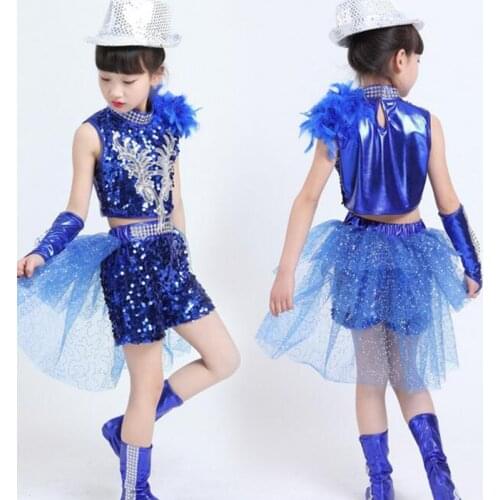 Girls Sequined Hip Hop Performance Costumes Set Blue Black Boys Ballroom Jazz Dance Clothes Kids Party Stage Wear Outfits