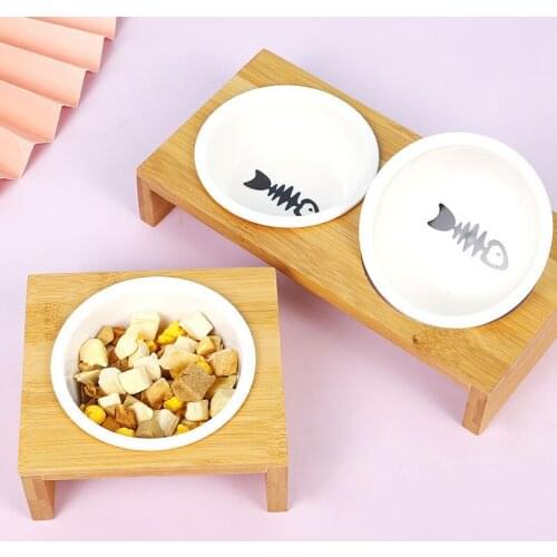 Cute Cartoon Pet Cat Bowl Ceramic Pet Food Feeders Water Bowl with Bamboo Holder Detachable Dog Cat Feeding Bowl Pet Supplies