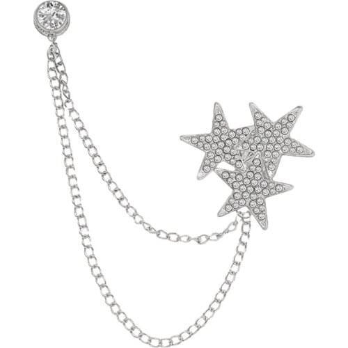 Fashion Alloy Rhinestone Star Crystal Tassel Chain Lapel Pins and Brooches for Men Shirt Suit Badge Clothing Jewelry Accessories