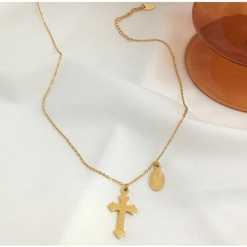 Monlansher Vintage Trendy Cross Oval Card Double Pendant Necklace Metal Titanium Steel Chain Choker Minimalist Necklaces Jewelry