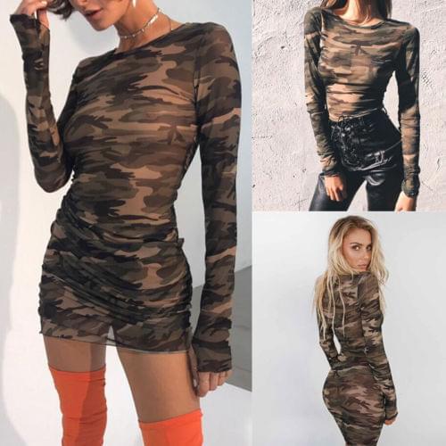 2019 New Camo Slim Dress Sexy Womens Mesh Dress Club Casual Long Sleeve See Through Bodycon Evening Party Short Mini Dress