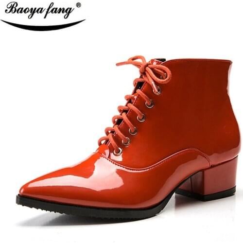 BaoYaFang New Patend Leather Womens Winter Boots low Block heel woman Boots short plush insole zipper shoes