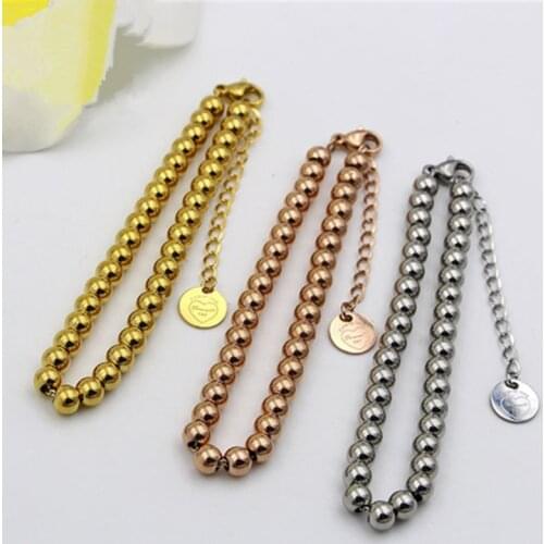 New Gold Color Filled Stainless Steel Beads Bracelets Women Men Heart Love Jewelry Customize 4/5mm Strand Bracelets K0004-1