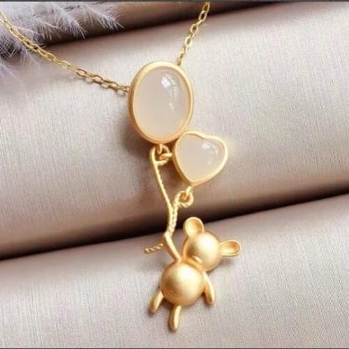 New silver inlaid natural Hetian white Chalcedony clavicle chain love balloon bear bear cute cute fresh and elegant pendant