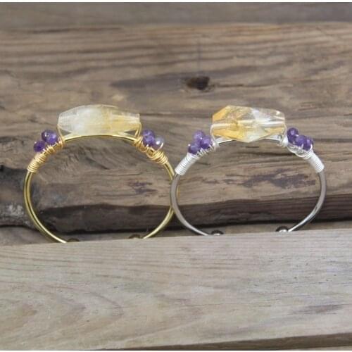 Faceted Citrines Nugget Beads Open Cuff Bangles Brass Wire Wrap Amethysts Yellow Quartz Fashion Women Bracelet Jewelry QC2014