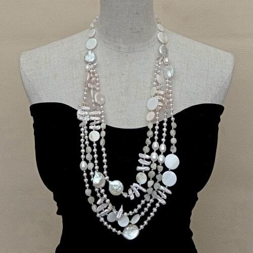 YYGEM 4 Strands Cultured White Biwa Freshwater Pearl Coin Pearl Moonstone freeform Shell Necklace 28"