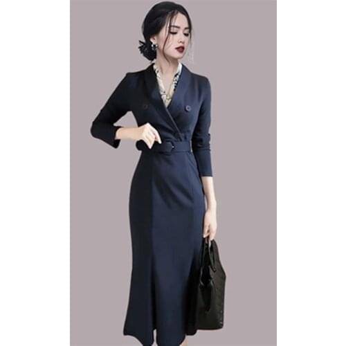 ZAWFL Office Lady Double-breasted Suit Dress Women Jacket High Waist Puff Sleeve Dress Fashionable with Belt Female Autumn Dress
