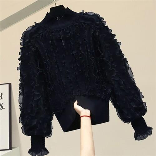 Pleated Ruffled Chiffon Patch Puff Sleeve Shirt for Women 2021 Spring Elegant Ladys Slim Fit Short Top Stand Collar White Black