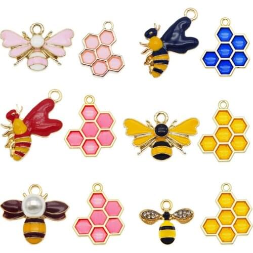 Julie Wang 12PCS Enamel Bee Honeycomb Charms Mixed Hive Honeybee Pendants Alloy Necklace Bracelet Jewelry Making Accessory