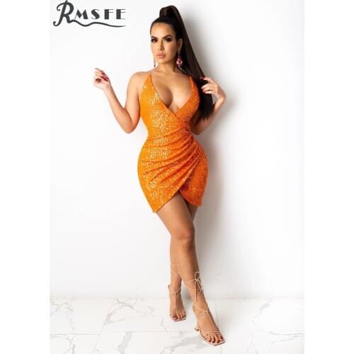 RMSFE 2021 Womens Sexy Tight Suspender Deep V Pleated Sequin Buttock Wrapped Nightclub Dress