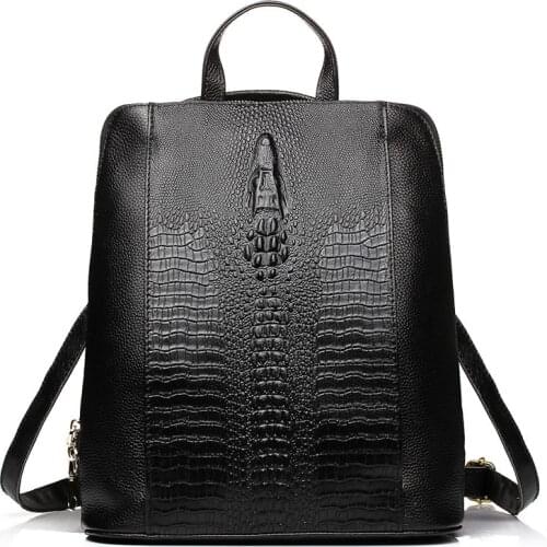 Luxury Brand 100% Real Genuine Leather Knapsack Ladies Crocodile Pattern Women Backpack Girl Notebook Schoolbags Travel Bags