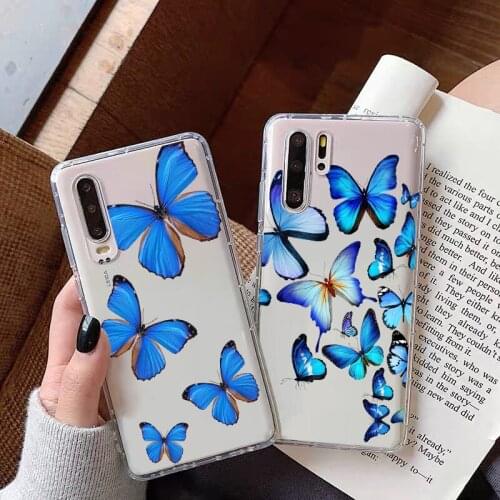 Luxury Blue Butterfly transparent TPU soft phone cover case for Huawei P8Lite 2017 P9Lite P10Lite P10 Plus P20 cover