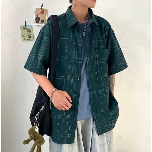 Summer Plaid Tooling Shirt Men Korean Fashion Loose Business Casual Shirt Men Harajuku Social All-match Short-sleeved Shirt Men