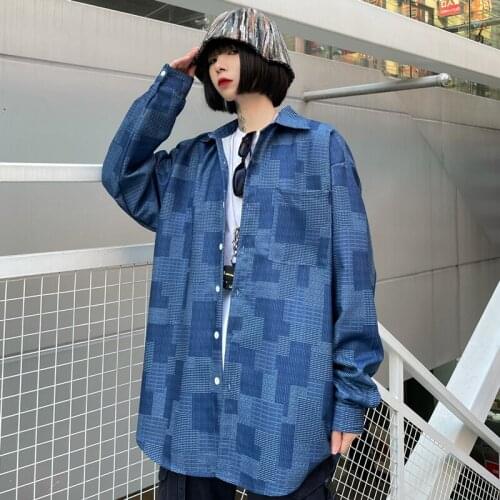2021 New Spring Mens and Womens Casual Shirts Retro Denim Color Harajuku Trend College Style Tetris Shirt Jacket Loose