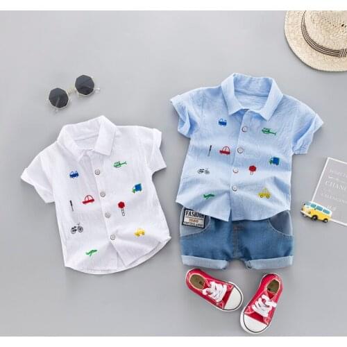Children Boy Summer Clothing Set Short Sleeve Printed Shirt+Denim Shorts Gentleman 2Pcs Suit Kids Boys Clothes Sets