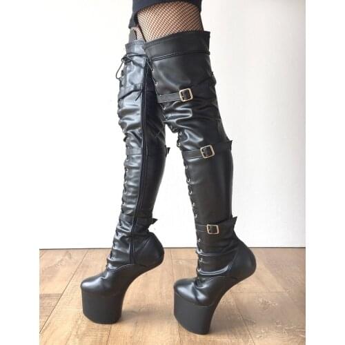 Black Matt High Leg Boots Lace up Extreme High Heel Fetish Heelless Horse Stallion Hoof Sole Over Knee Boots Crotch High Boots