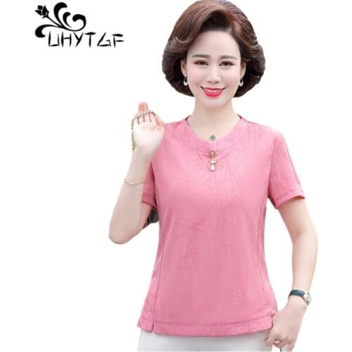 UHYTGF Elegant Mother Summer T-Shirt Fashion V-Neck Pullover Casual 5XL Plus Size Tops Short Sleeve Oversized T-Shirt Women 1373