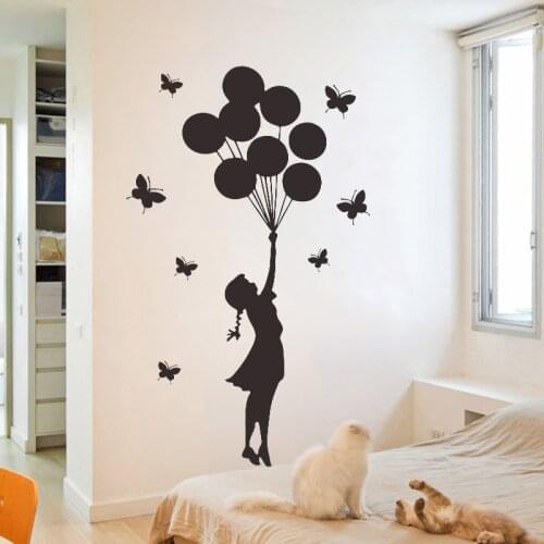 Cartoon Girl Balloon Butterflies Wall Sticker For Kids Baby Rooms Boys Girls Gifts Vinyl Wallpaper Bedroom Decoration Art Mural