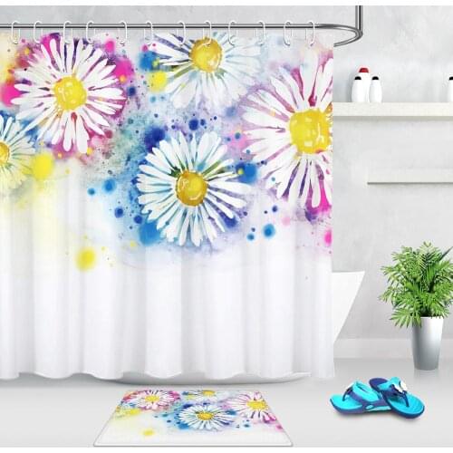 Watercolor Chrysanthemum Print Waterproof Shower Curtains Polyester Fabric Bath Curtain with Hooks Home Bathroom Decoration