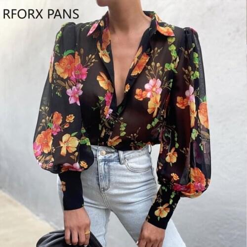 Women Chiffon Floral Print Lantern Sleeve Blouse Top for Women Top 2021