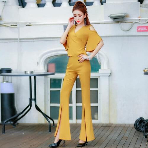 Women 2021 Summer Elegant 2 Piece Set Female Off Shoulder Short Sleeve V-neck Top + High Waist Pant Set Office Lady Outfits B25