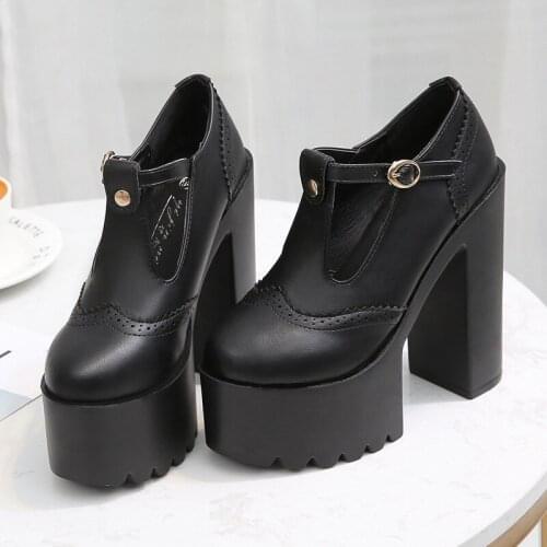 Women Pumps Brand 14CM Thick High Heels Black PU Buckle Strap Round Toe waterproof Party Wedding shoes for women heels 2020