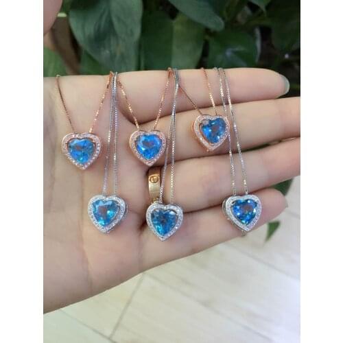 Natural blue topaz stone pendant S925 silver Natural Gemstone Pendant Necklace Simple elegant heart women party fine jewelry