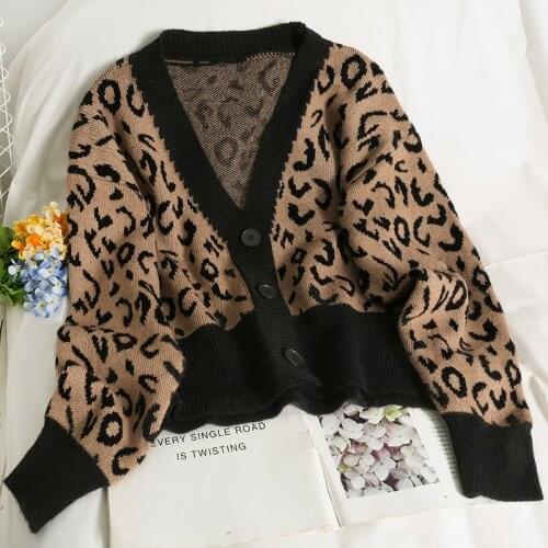 Retro Y2K Fashion Leopard Print Single Breasted Sweater Cardigan Womens Autumn Winter Loose V-neck Causal Knitwear