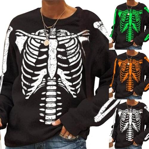 Women Long Sleeve Halloween Skeleton Splicing Printing Sweatshirt Loose Crewneck Pullover Tops Winter All-match Girls Sweatshirt