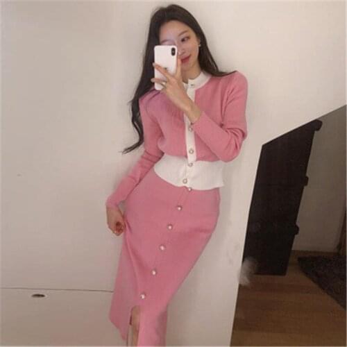 2020 New Knitted 2 Piece Set Women O-neck Patchwork Single Breasted Cardigan Slim Elastic Skirt Korean Chic Suit Female Crop Top