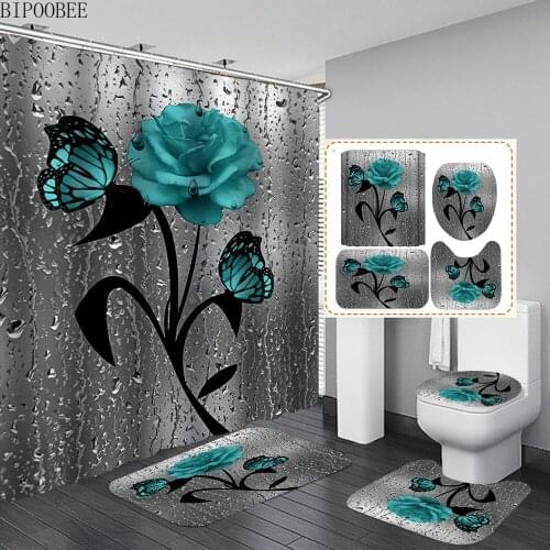 3D Butterfly Flowers Bathroom Curtains Set Green Rose Flower Shower Curtain Anti-slip Rug Toilet Lid Cover Bath Mats Rugs
