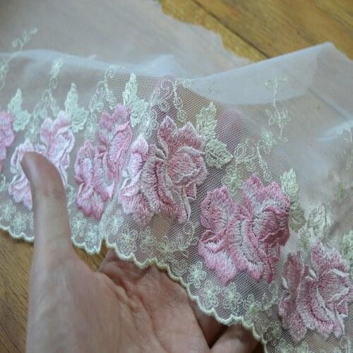 18CM(2yds/lot)white gauze pink floral embroidery floral Hight quality lace fabrics embroidered lace trim-17052017