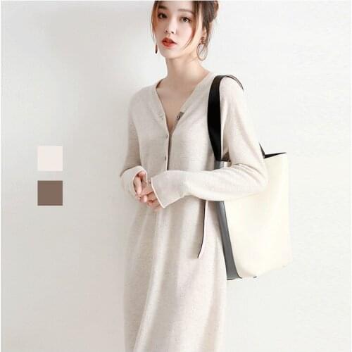 BELIARST New Autumn and Winter Large Size Womens Long Section Cashmere Dress Pullover Wool Knit Loose V-neck Sweater Dress