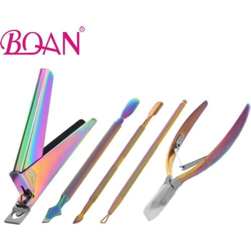 BQAN Rainbow Nail Scissors Stainless Steel Nail Cuticle Pusher Tweezer Nail Art File UV Gel Polish Remove Manicure Care Tool Set