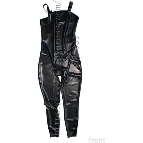 Black 100% real natural latex suit womens strapped bodysuit Fetish with crotch zip in solid black color