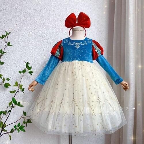 2021 fall new girls blue pattern princess tulle dresses kids long sleeve dress wholesale