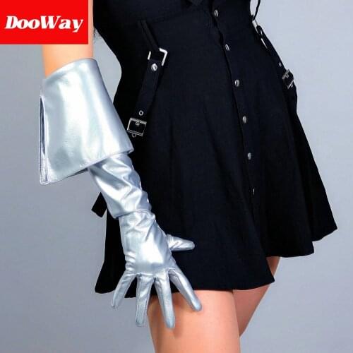 DooWay Womens Long Faux Leather Gloves for Costume Pageant 25-inches with Large Turn up Cuff (Sliver)