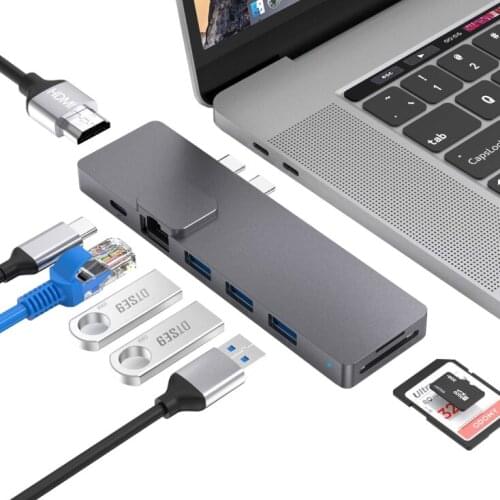 Dual type-C hub to lightning 3 + RJ45 gigabit network port + 3-port USB3.0 + SD / TF card reading + HDMI 4K