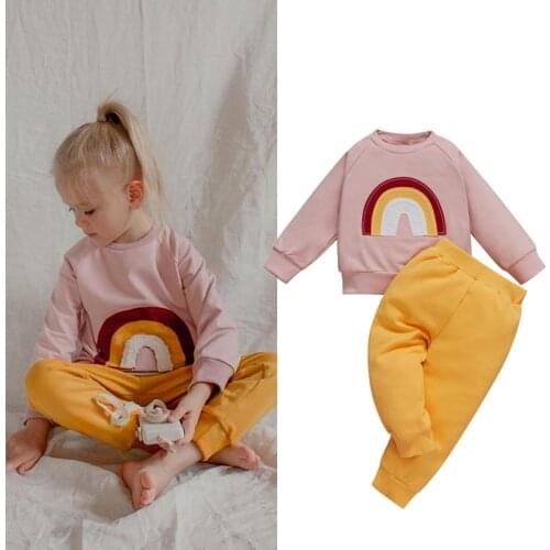FOCUSNORM 0-4Y Autumn Lovely Baby Girls Clothes Sets 2pcs Rainbow Print Long Sleeve Sweatshirt Tops Solid Pants
