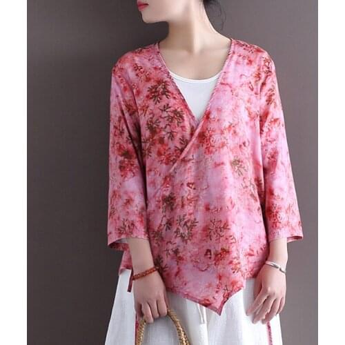Johnature Women Cotton Linen Shirts Belt Print Floral Vintage Blouses V-Neck Seven Sleeve Tops 2021 Summer Chinese Style Shirts