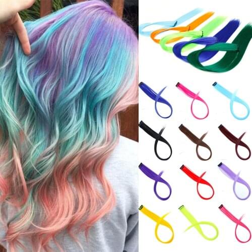 LUPU Long Straight Rainbow Highlighted Synthetic Hair Extensions Fake Hair One Clip In One Hair Pieces For Women Pink Purple Red