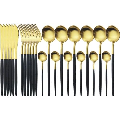 Matte 24Pcs Black Gold Cutlery Set 18/10 Stainless Steel Dinnerware Set Knives Forks Spoons Tableware Set Kitchen Silverware Set