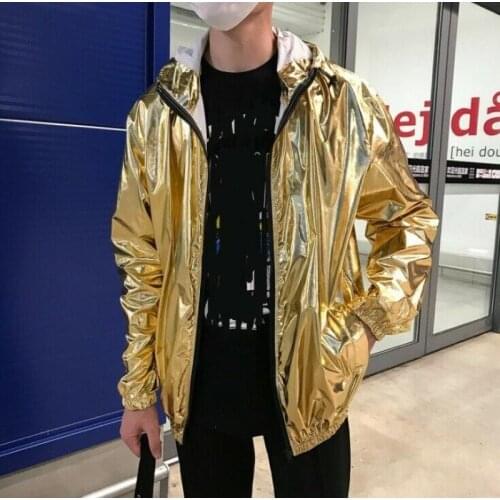 Men\s Metallic Shiny Hooded Costume Jacket Glitter Sparkle Top Coat Outwear Solid Long Sleeve Spring Autumn Fashion Tops