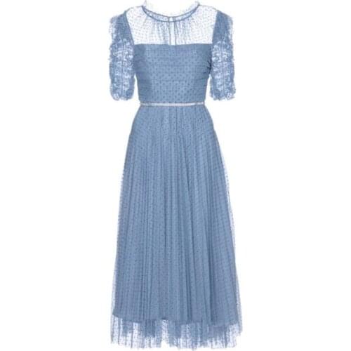 2021 Spring New Arrive Women Lace Dress High Quality Blue Color Lady Dress