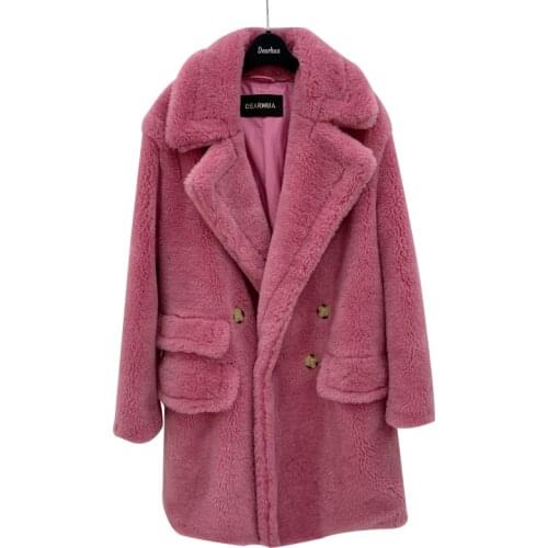 2020 Russia Winter Extra Long new women fashion real sheep fur over coat girl leisure solid teddy color jacket overcoats 84cm