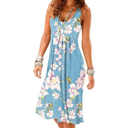 Sun dresses for women 2021,wholesale lots bulk clothes,Summer sleeveless wrinkle flower print knee-length tank dress