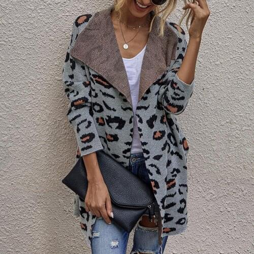 Women Open Front Lapel Leopard Print Shawl Long Sweater Coat Party Cardigan