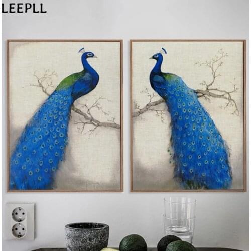 Nordic Retro Style Blue Peacock Standing On The Tree Aisle Mural Wall Art Painting Print Picture Home Interior Decoration Poster