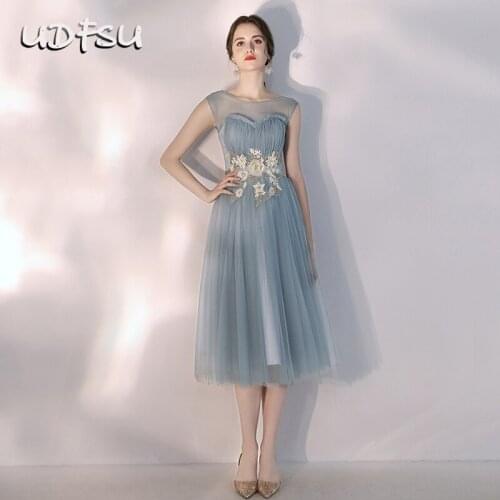 UDFSU Women Elegant Vintage Tulle Prom Dresses Appliques Bridesmaid Chiffon Gowns Lace Knee Length Dresses